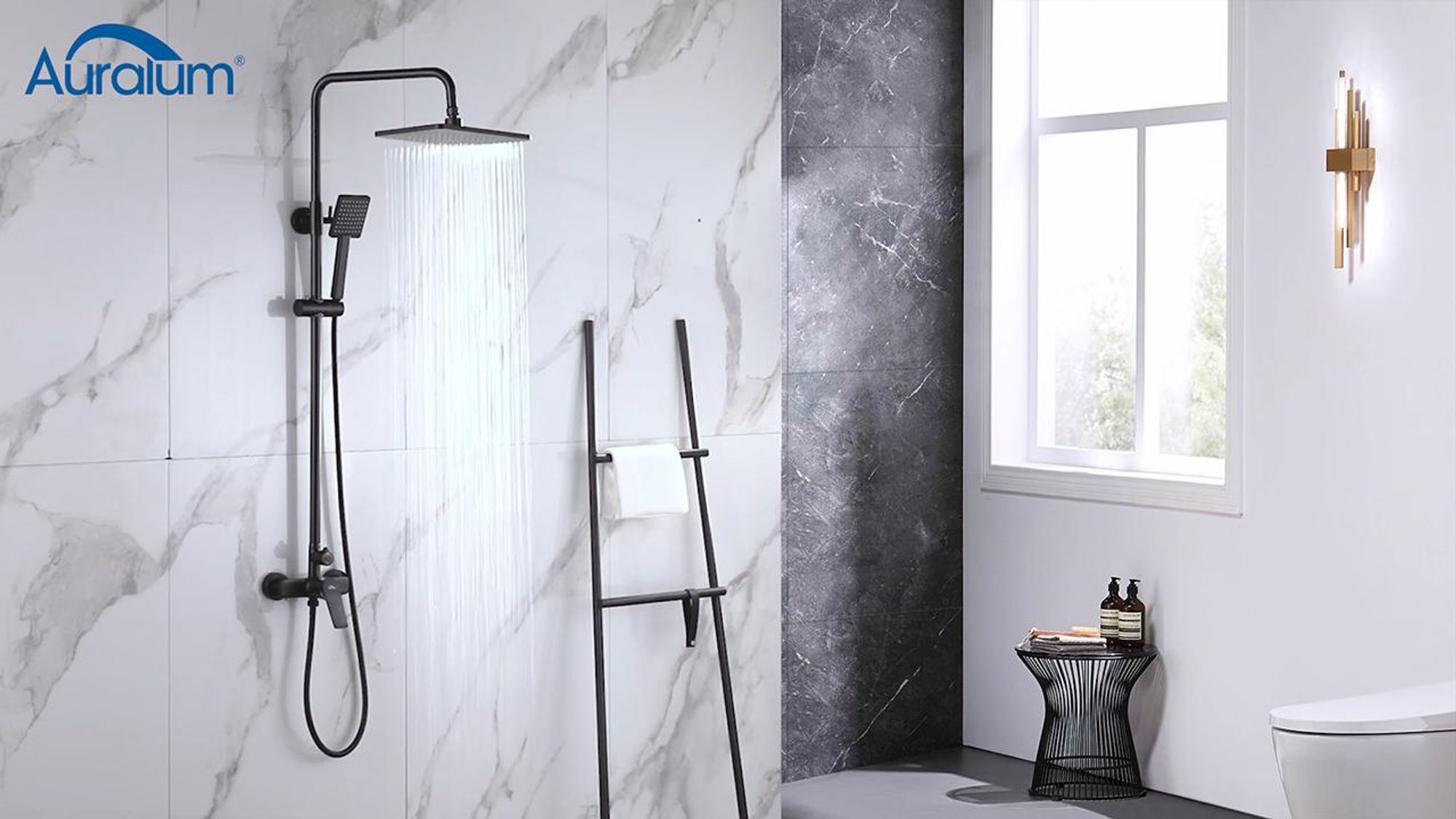 Auralum Regendusche Schwarz, Messing Duschsystem mit verlängerbarer Stange (780-1240mm), 10 Zoll Regenbrause & 1,5m PVC-Schlauch