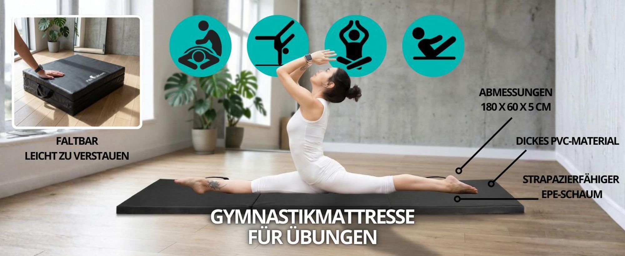 Gymnastikmatratze 180 x 60 x 5 cm Gymnastikmatte Klappbare Yogamatte 180 x 60 x 5 cm für Gymnastik Fitness Training