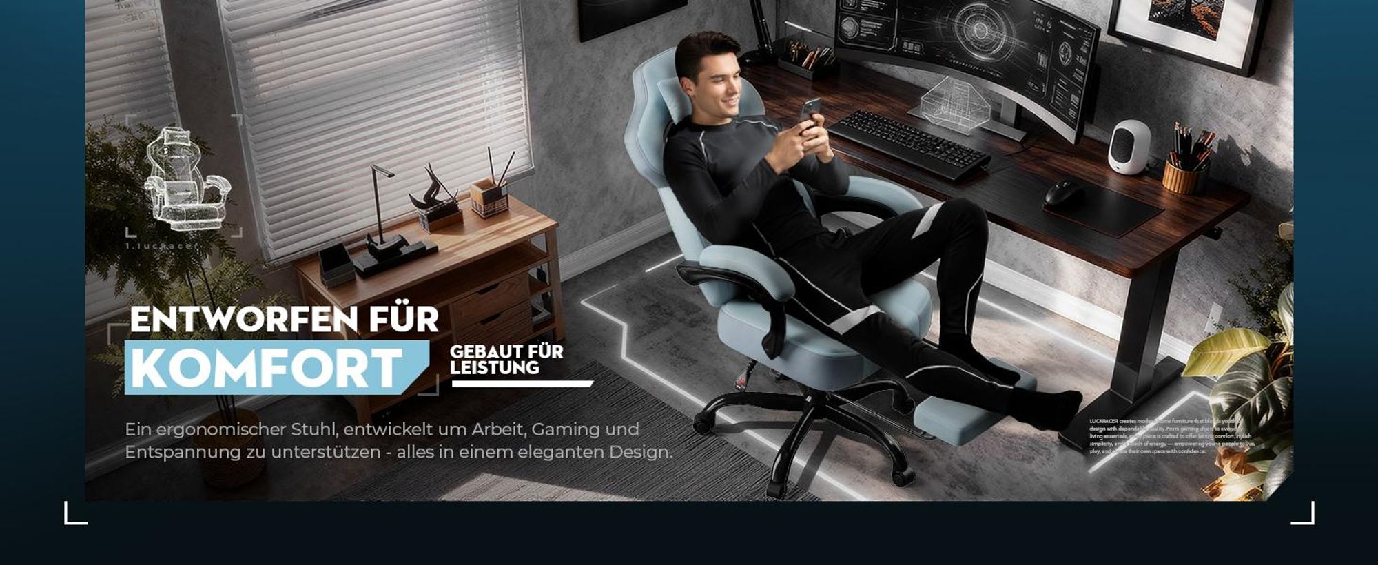 LUCKRACER Gaming Stuhl, Bürostuhl mit verbundenen Armlehnen, Memory-Schaum-Kissen, 90–155° Neigungswinkel und Fußstütze, strapazierfähigem Funktionsge