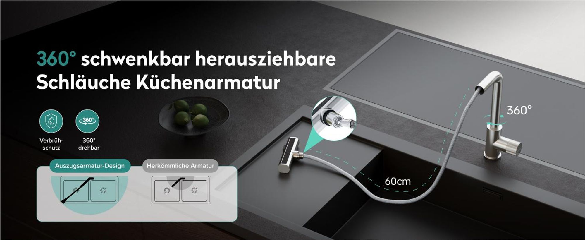 doporro Wasserfall Wasserhahn Küche Hochdruck mit 3 Strahlarten und Einhebel-Mischbatterie, ausziehbare Spültischarmatur Gebürstet silber Turnix-02