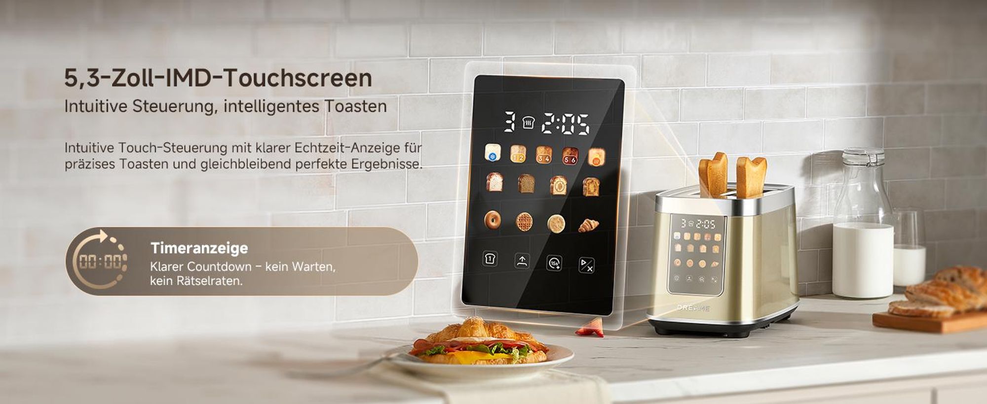 Dreame Smart Toaster 2 Scheiben,5,3-Zoll-IMD-Touchscreen,Motorisiertes Auto-Lift-Design,8 Brotprogramme&6 Bräunungsstufen,3 praktische Funktionen,Gold