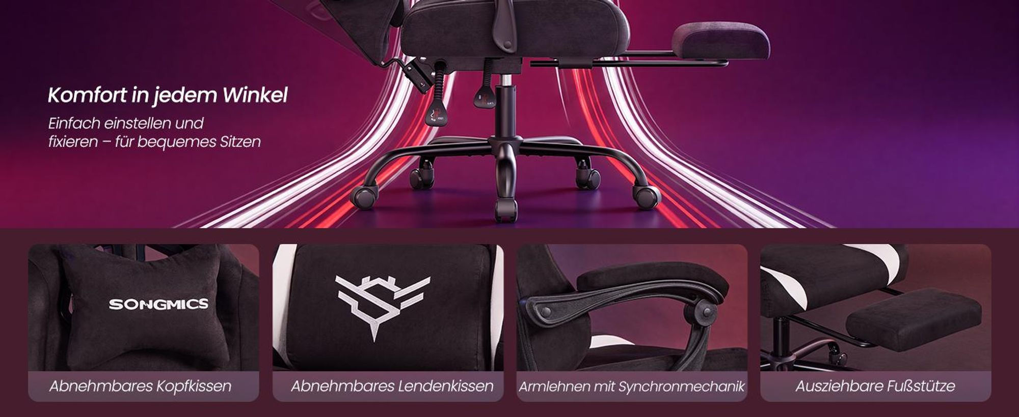 SONGMICS Gaming Stuhl, Ergonomischer Bürostuhl aus Polyester, mit Fußstütze und Lendenkissen, 135° Neigung, 70 x 70 x (120-130) cm, Schwarz und Weiß
