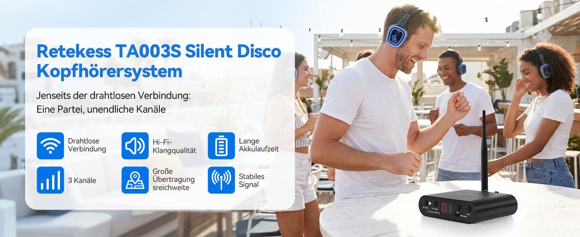 Retekess TA004S Silent Disco Kabelloser Kopfhörer, Audiosystem Verbesserte Version, 6-Kanal mit Bluetooth, faltbar, für Fernseher, Yoga, Meditation