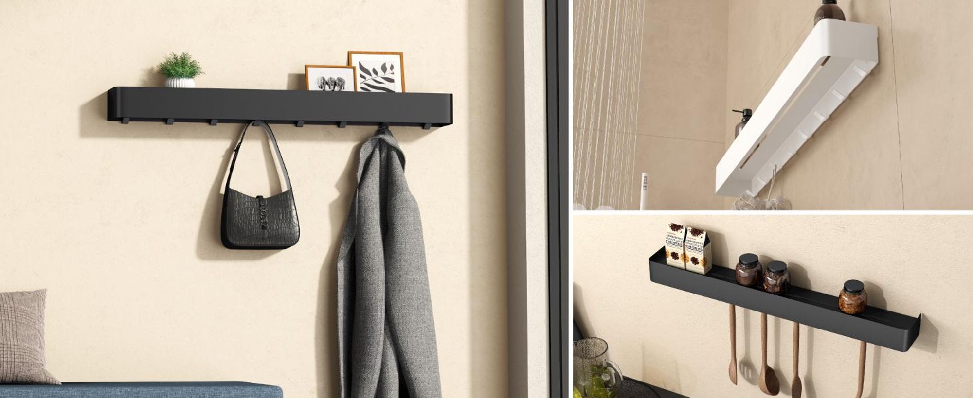 doporro Wandgarderobe mit Ablage, Garderobenleiste 80 cm mit 8 Garderobenhaken, Kleiderhaken Wand ohne Bohren (Kleben) Sandschwarz, Reglo-05