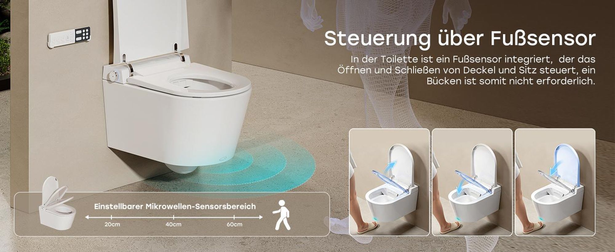 HOROW Intelligente Dusch WC mit Automatische Sensor Funktion, Smart elektrisch Toilette mit Entkalkungsfunktion, 58,6 x 27,5 x 41,6 cm