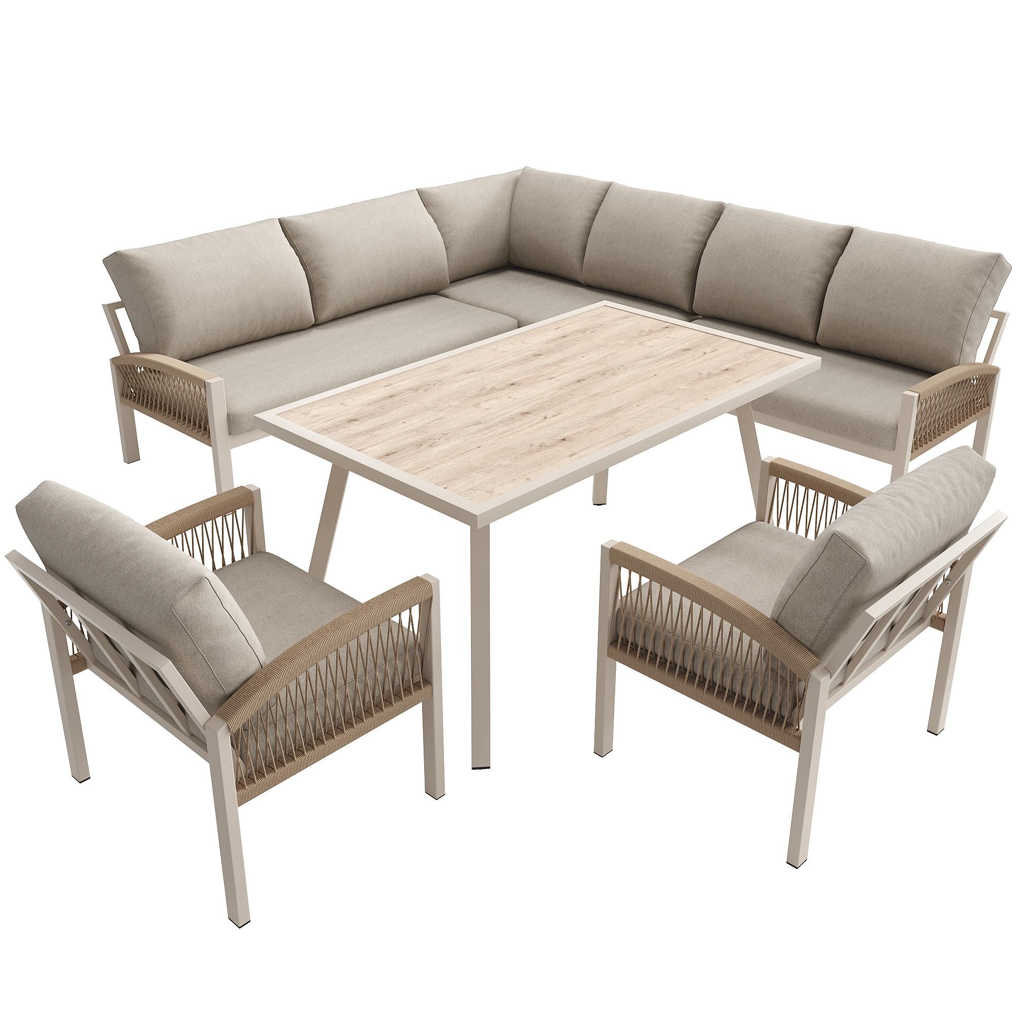 Flieks Gartenmöbel-Set 6-tlg., Gartenlounge-Set mit Gartentisch und Stuhl, Gartengarnitur für 8 Personen, Tisch mit Holzoptik-Glasplatte, Beige