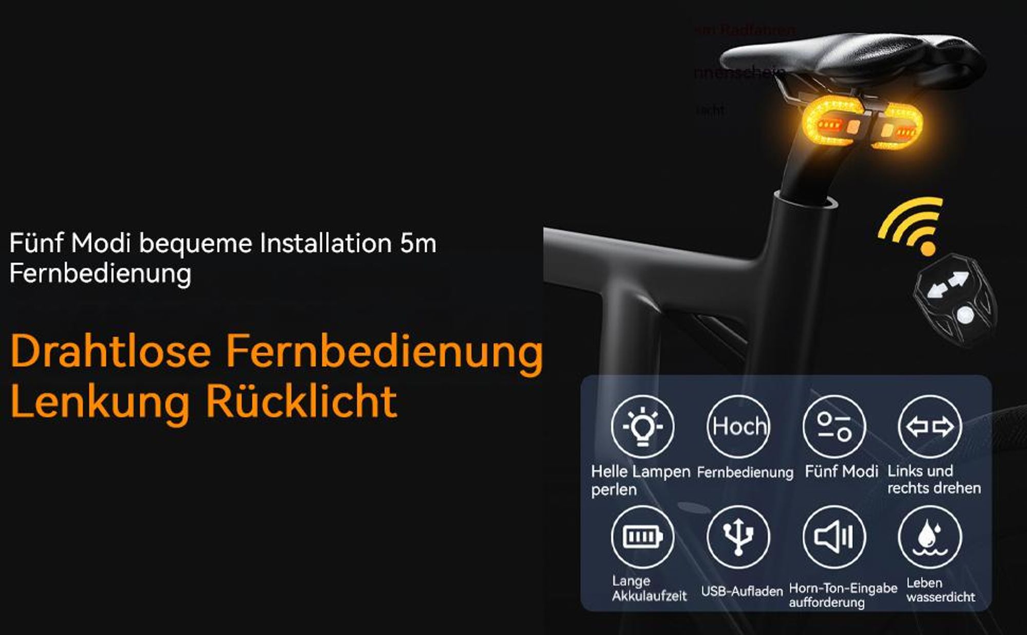 Fahrradrücklicht mit Blinker und Kabelloser Fernbedienung, LED Fahrrad Rücklicht Hinten USB Aufladbar, IPX6 Wasserdicht für E-Scooter, MTB, Rennrad