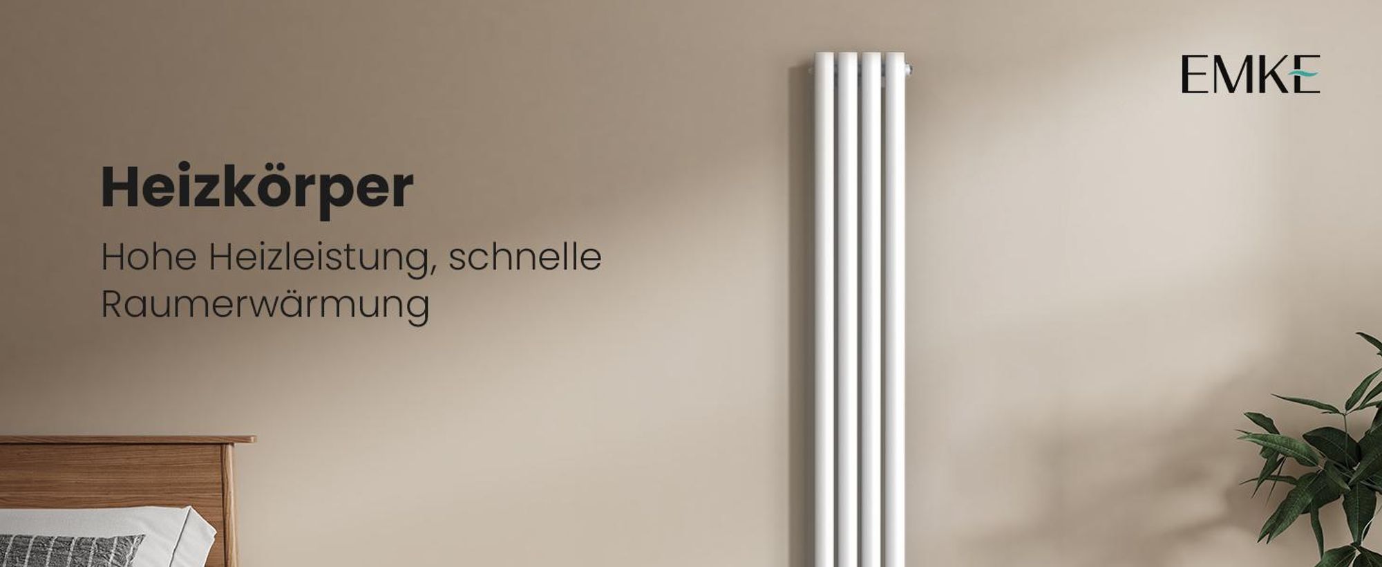 EMKE Design-Röhrenheizkörper für Warmwasserbetrieb Mittelanschluss Vertikal Oval Einlagig 427 Watt 24cm x 160cm Weiß ohne Heizstab