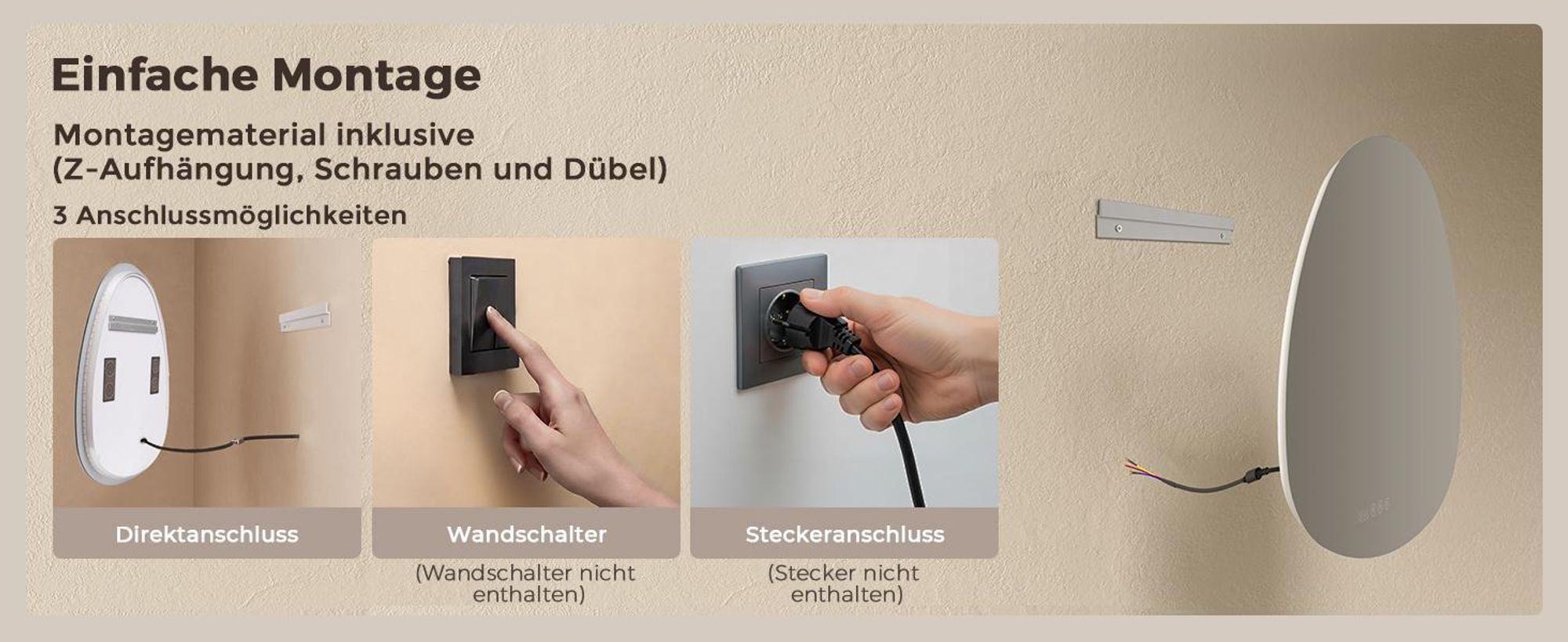 S'AFIELINA 75 x 55 cm Badspiegel mit Beleuchtung Asymmetrisch mit 3 Lichtfarben dimmbar, beschlagfrei, Bluetooth, Uhr, Temperatur, Speicherfunktion