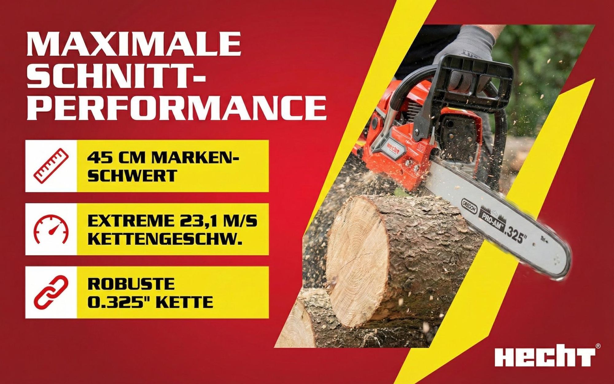 Kettensäge Motorsäge Benzin HECHT 950  | 3 PS / 50 cm³ | 45 cm Schwertlänge | 23 m/s  | 12.000 U/min