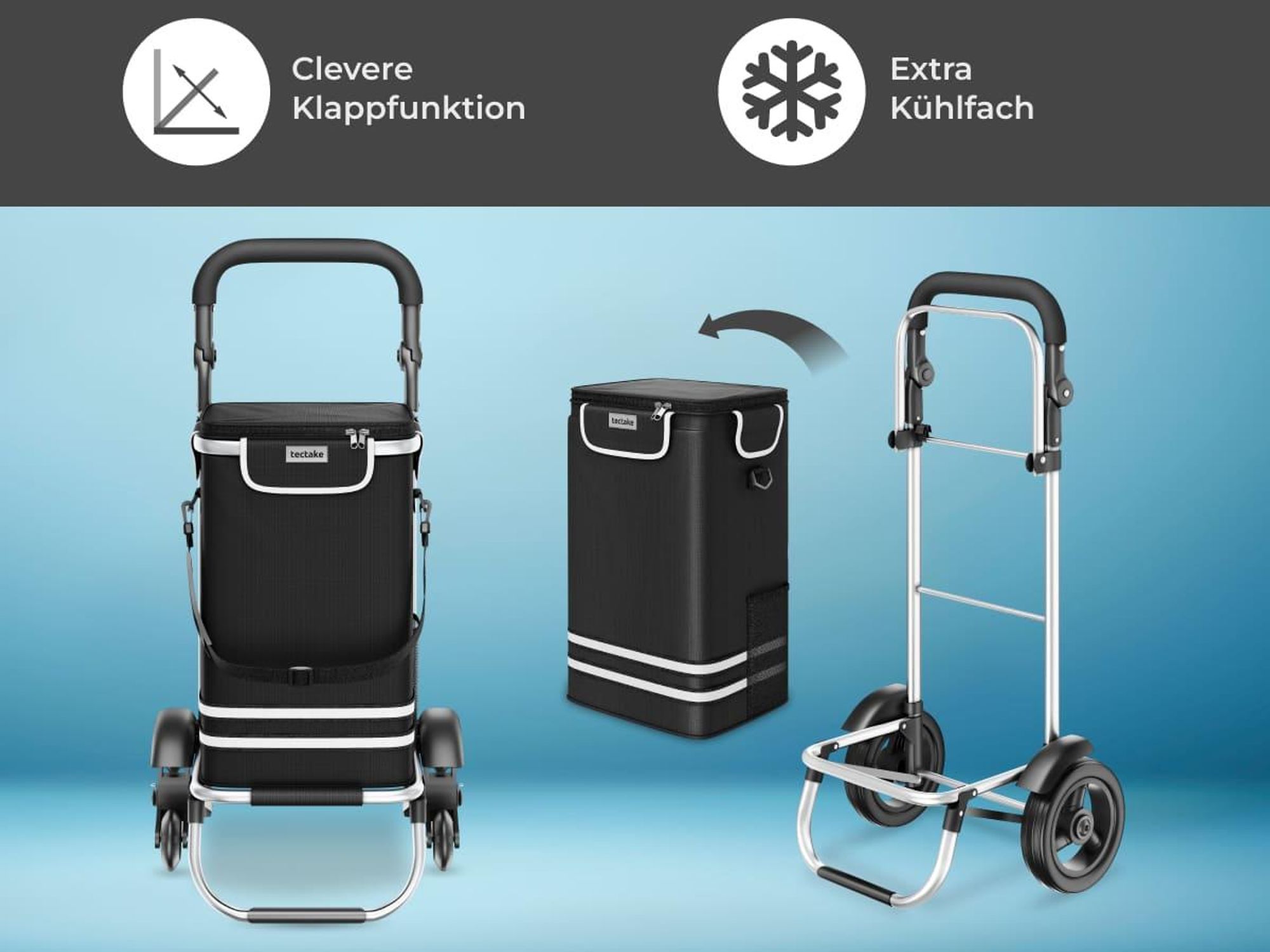 tectake Einkaufstrolley 3-in-1 klappbar mit Kühltasche Trolley Umhängetasche Sackkarre 56 l Aluminiumgestell Profilräder großer Stauraum,