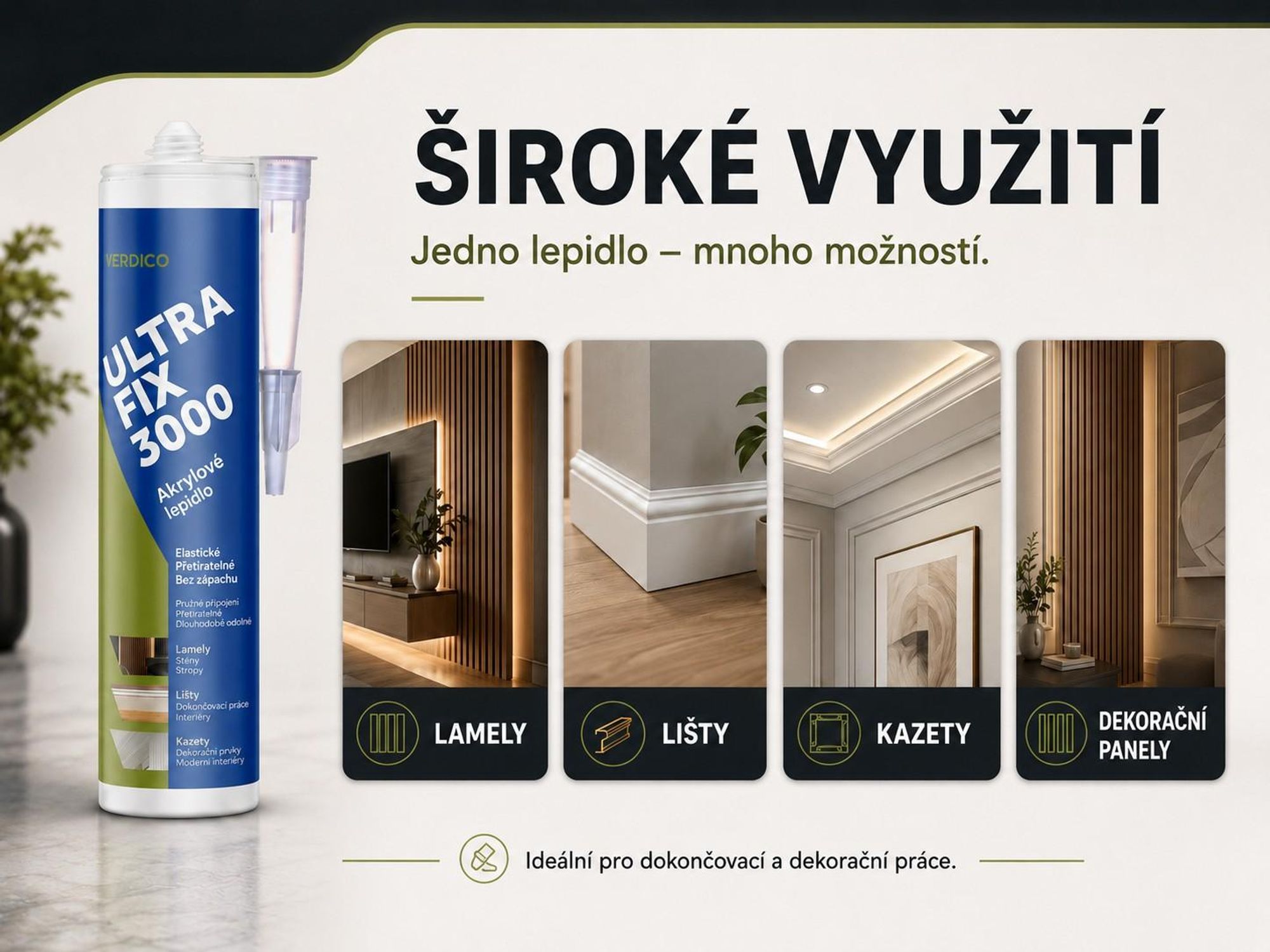 Akrylové lepidlo Ultra Fix 3000 na lišty, profily, kazetové stropy a dekorativní panely.