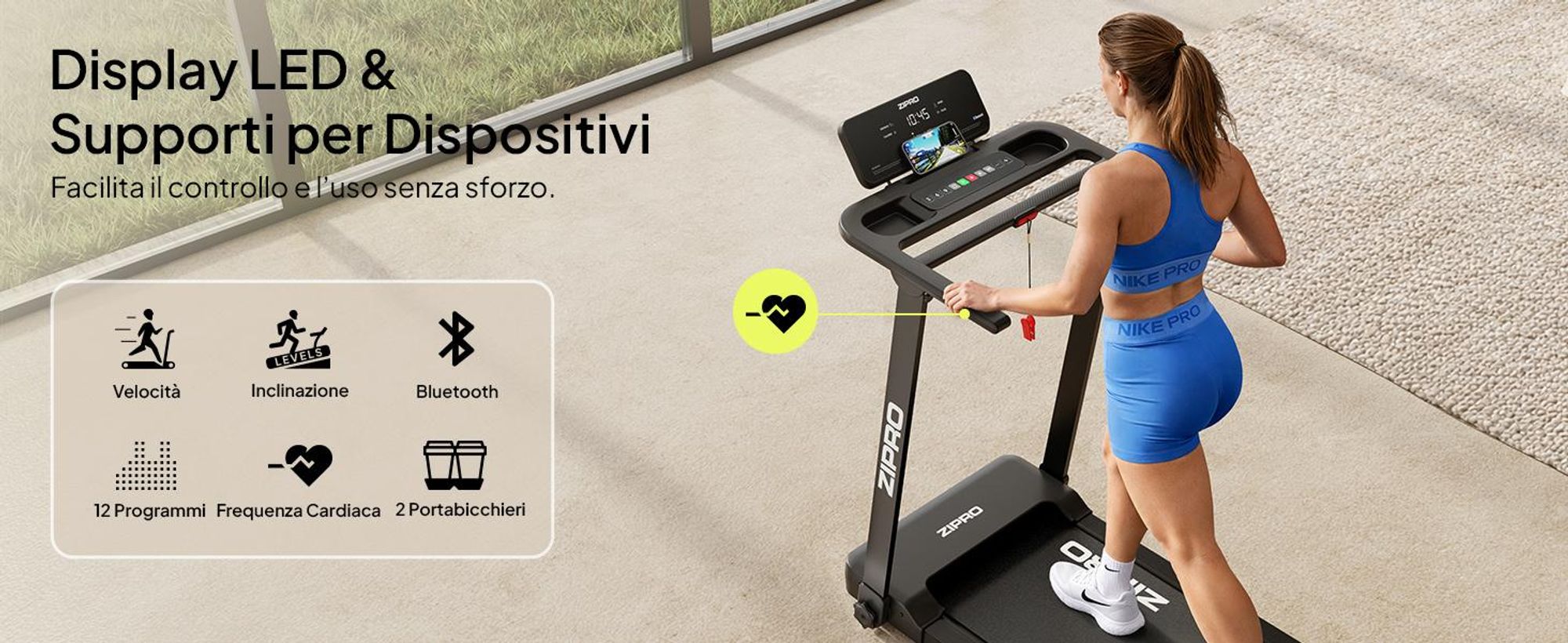 Tapis roulant elettrico pieghevole ZIPRO Forma Lite – Design ultrapiatto, velocità fino a 12 km/h e portata massima di 120 kg - Compatibile con app Bluetooth, walking pad silenzioso