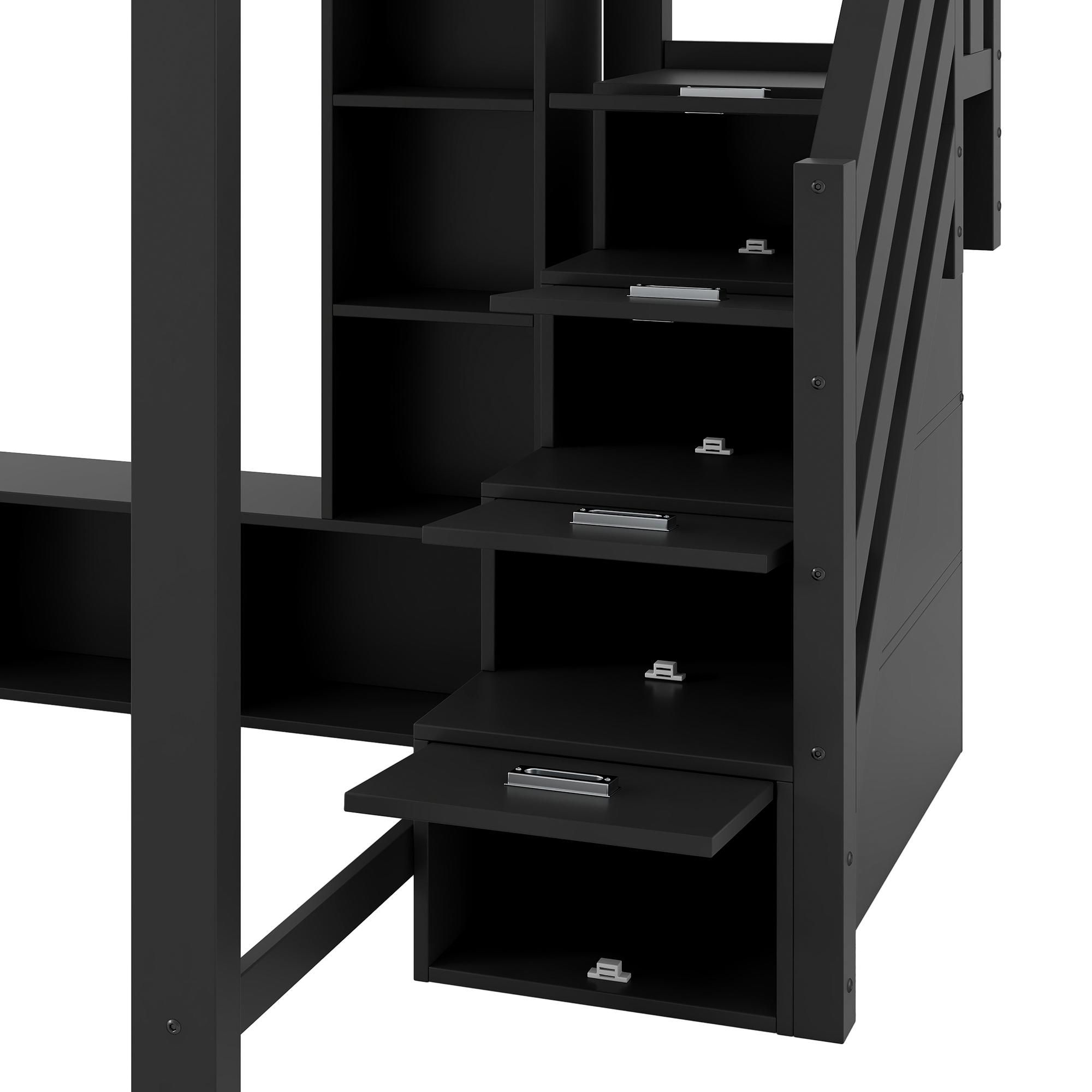 Merax Etagenbett Hochbett 140x200 cm, Stockbett mit Schreibtisch, LED-Beleuchtung, Stauraum, Treppe, Kinderbett, Jugendbett, Kinderzimmer, Schwarz