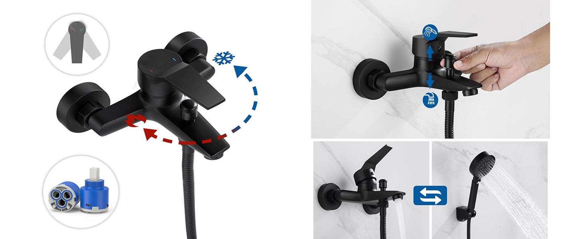 Auralum klassisch Badewanne Duschset mit 5 Funktionen Handbrause, Schwarze Badewannenarmatur, Duschsystem Duschset für Badewanne und Badezimmer