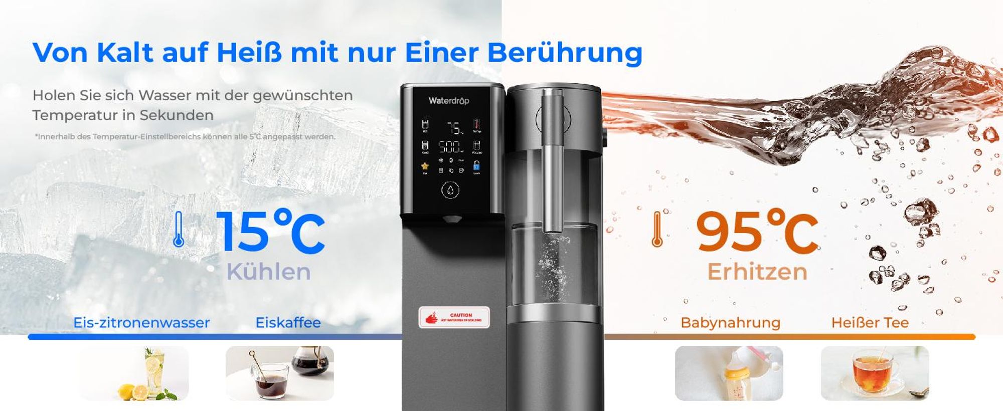 Waterdrop WD-A2 Arbeitsplatte Umkehrosmoseanlage, Heißes und Kaltes RO-System, Tragbarer Reinwassertank, Flaschenloser Wasserkühler