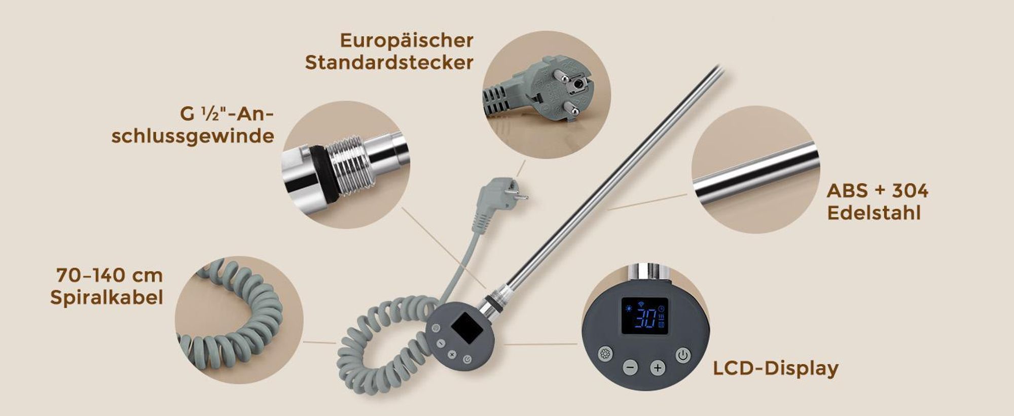 S’AFIELINA Heizstab mit Thermostat 1200W, programmierbarer Timer & LCD-Anzeige, WiFi, für Badheizkörper, Edelstahl, intelligente Steuerung, Anthrazit