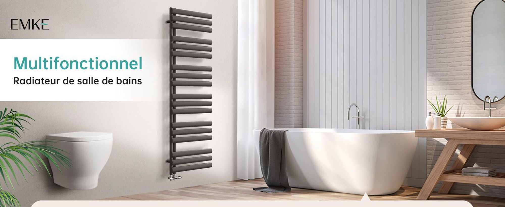 EMKE Radiateur de salle de bain tubulaire ovale Radiateur sèche-serviettes Radiateur tubulaire vertical Raccord latéral pour eau Anthracite 174×60cm sans thermoplongeur