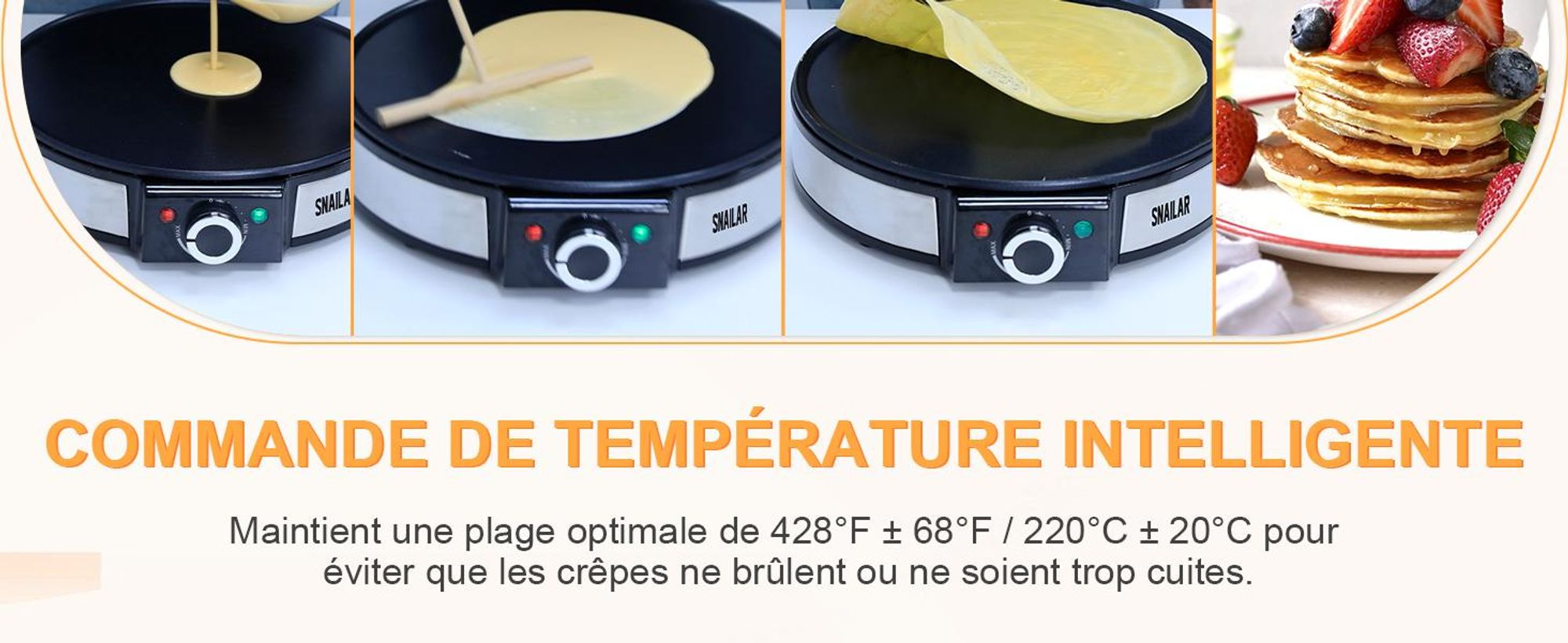 SNAILAR Crêpière AN-110, 1200 W, plaque 30 cm, noire