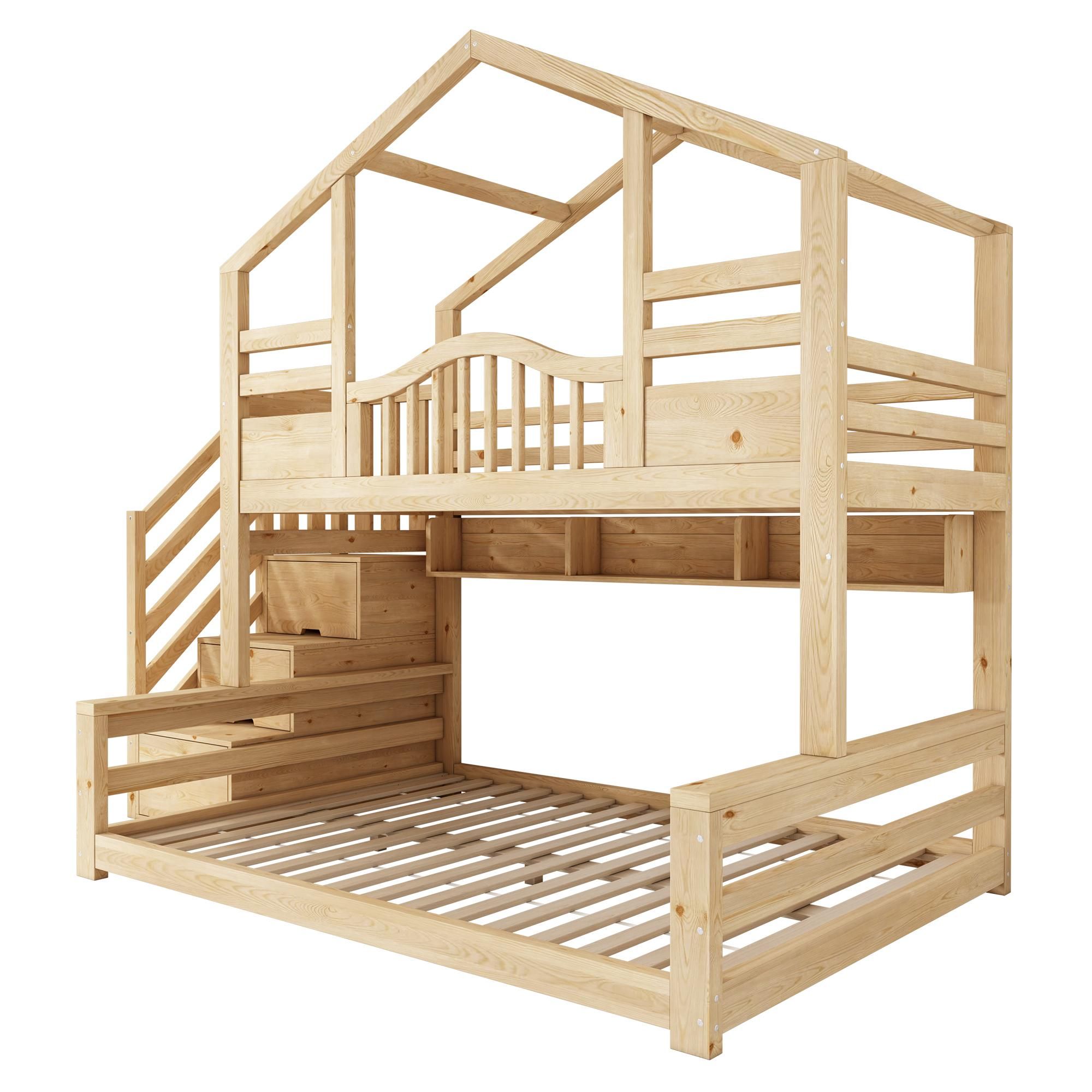 Flieks Etagenbett 90x200cm/140x200cm mit Regal, Kinderbett Hausbett mit Treppe, Hochbett für 2-3 Kinder, Stockbett Holzbett Naturbelassen