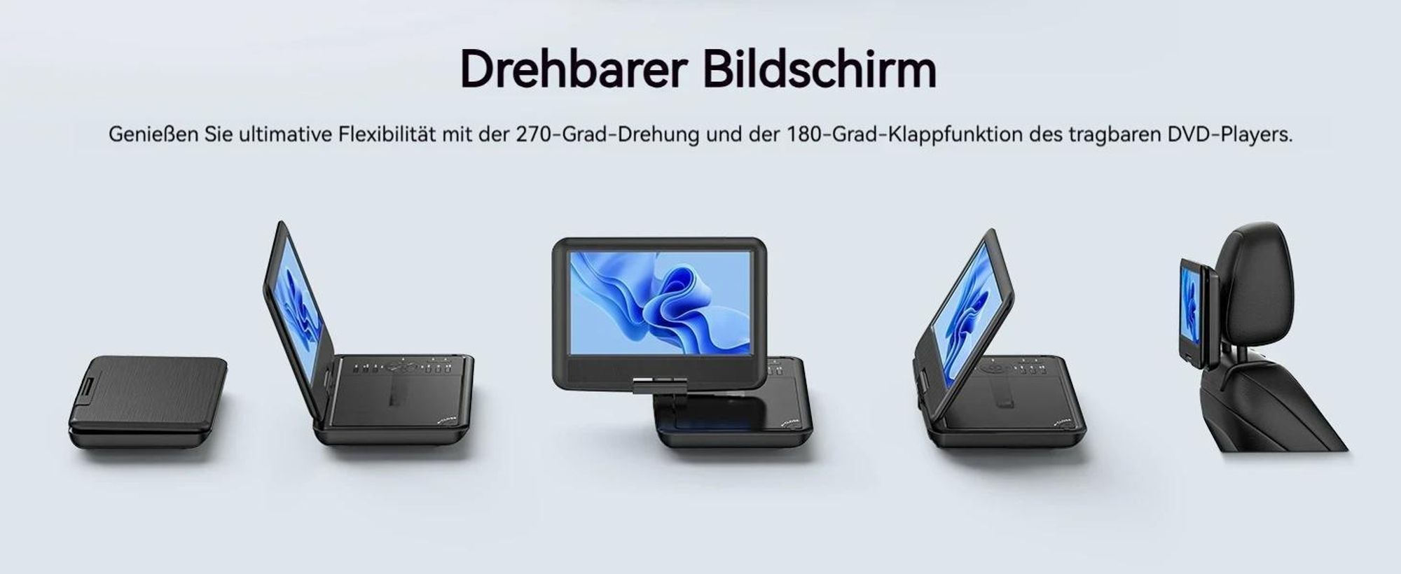 11,5" Tragbarer DVD-Player für Kinder im Auto mit 9,5" HD-Schwenkbildschirm Stereo-Lautsprechern 5 Stunden Akkulaufzeit Sync-TV/USB/TF-Karte