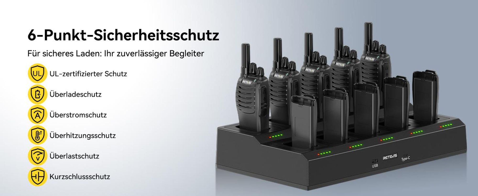 Retevis H777 Funkgeräte, PMR446 Funkgeräte Set Professionell, mit 10-Fach Ladegerät, mit Headset, USB-C, Handfunkgerät für Gewerbe Sicherheit Schule