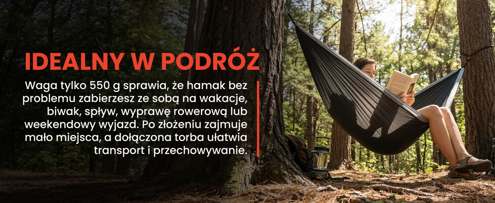 Hamak Turystyczny Jednoosobowy Duży 275x150cm Ogrodowy Podróżny na Biwak CALM275 Grey