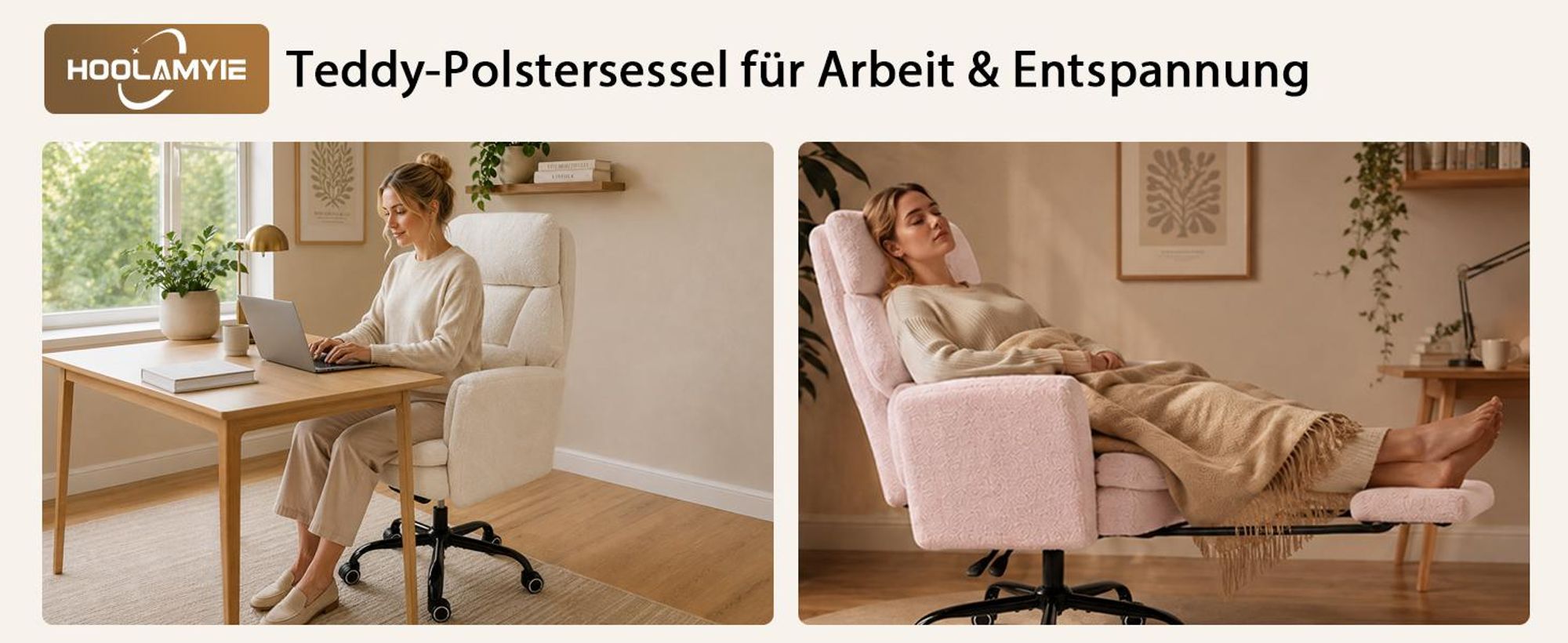 Drehstuhl Bürostuhl Ergonomisch mit klappbaren Armlehnen, Gaming Stuhl mit Fußstütze & 135° Verstellbarer Rückenlehne, Weiß -Teddy-Fleece-Stoff
