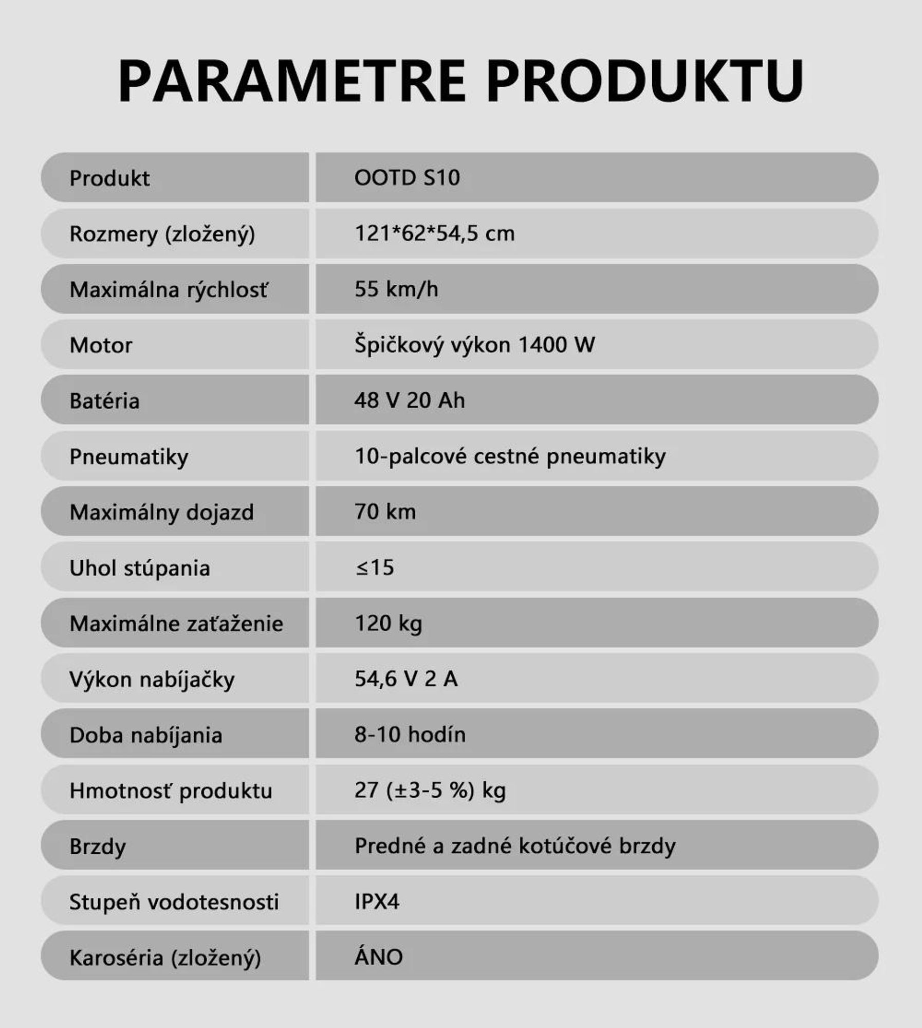Elektrická kolobežka OOTD S10 - Motor 1400W Batéria 48V20AH Pneumatiky 10'' Kotúčová brzda - čierna