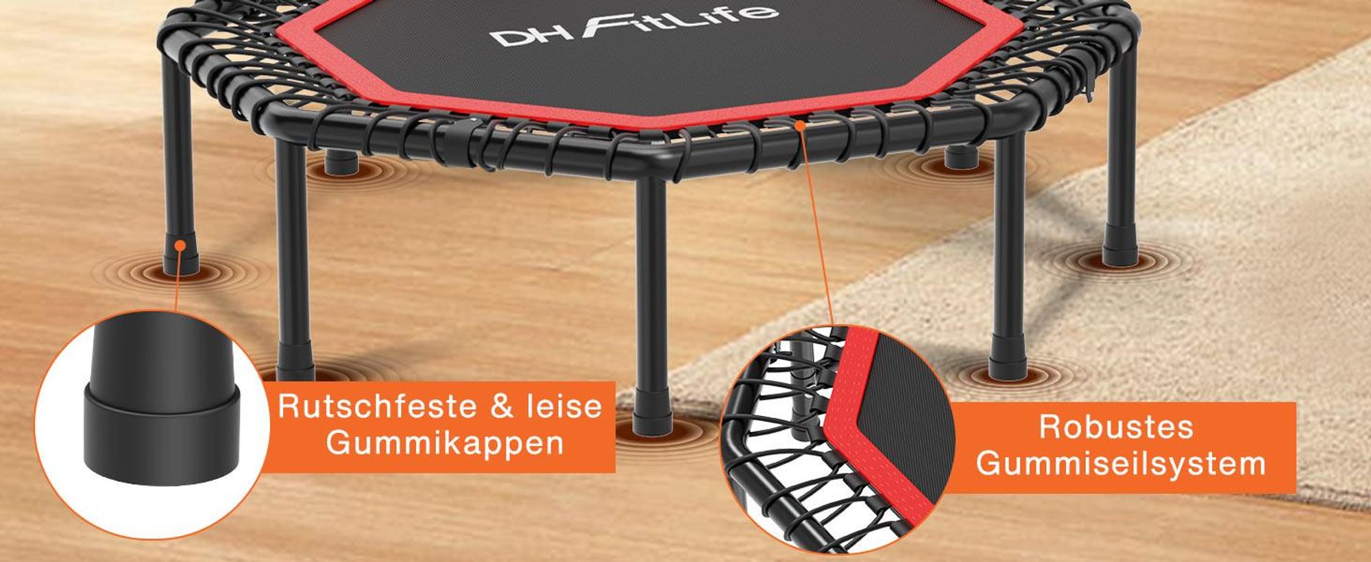 DH FitLife Klappbares Fitness Trampolin Ø121cm, 48 Zoll Mini-Trampolin für Kinder & Erwachsene, 150kg belastbar, mit stabilem, verstellbarem Handgriff