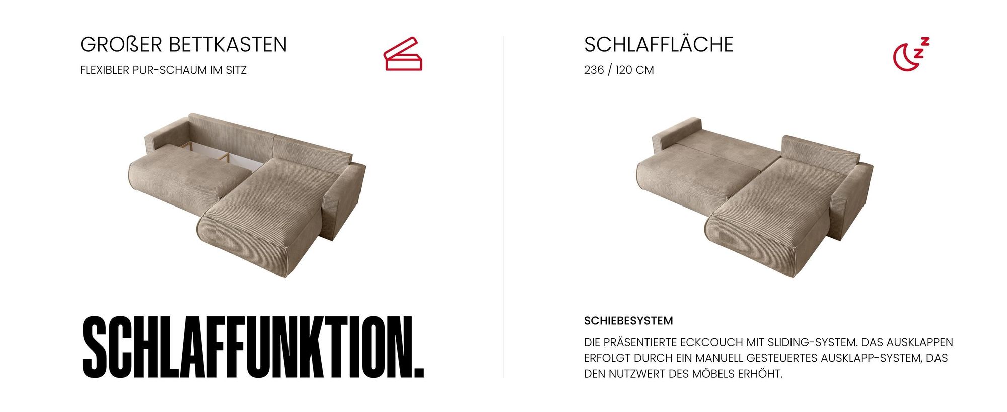 BroMARKT Ecksofa HAVANA Schlaffunktion Bettkasten L-Form 120x236 cm Beige