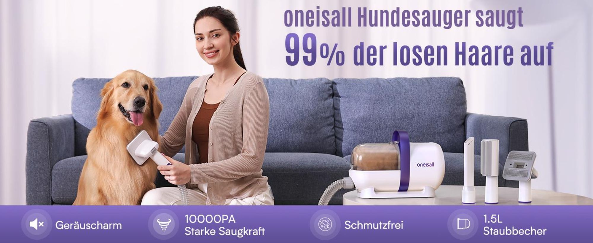oneisall Hundestaubsauger mit Bürste, Super Saugkraft mit 12000Pa, Tierhaarentferner mit 4 Pflegewerkzeugen, 1.5L