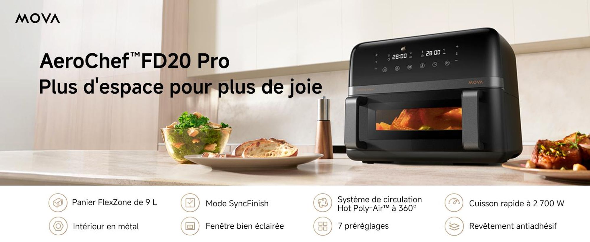 MOVA AeroChef FD20 Pro Friteuse à air chaud 9L Bi-Zone 2700W, SyncFinish™, Cuisson rapide et croustillante, Température 40-230°C