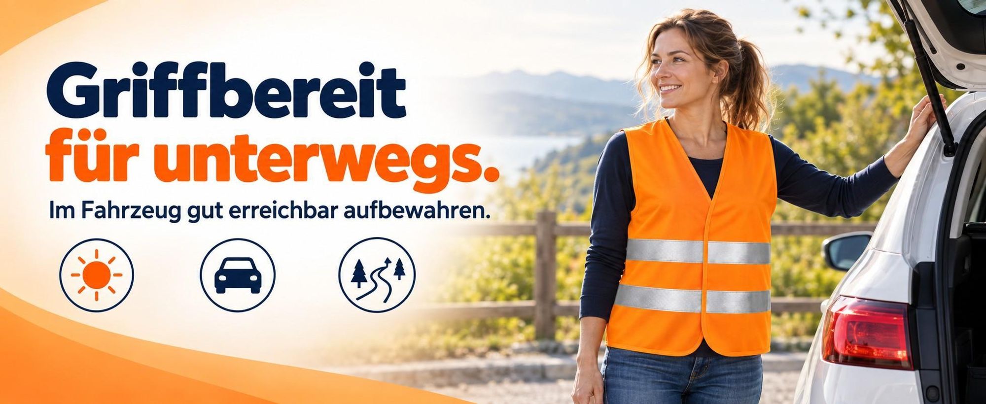 Anwendungsbeispiel: orange Warnweste über der Kleidung an einem geparkten Fahrzeug