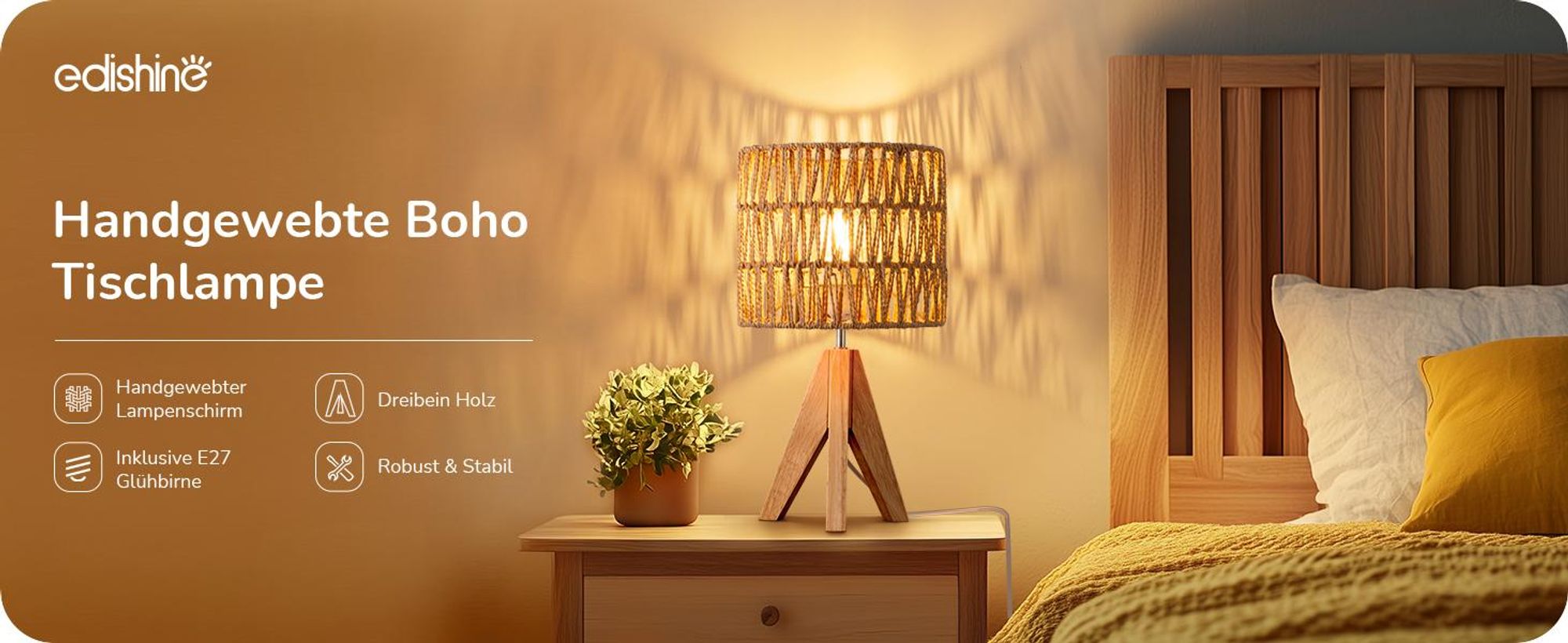 EDISHINE LED Nachttischlampe, Tischlampe mit Glühbirne, Boho Tischleucht warmweiß