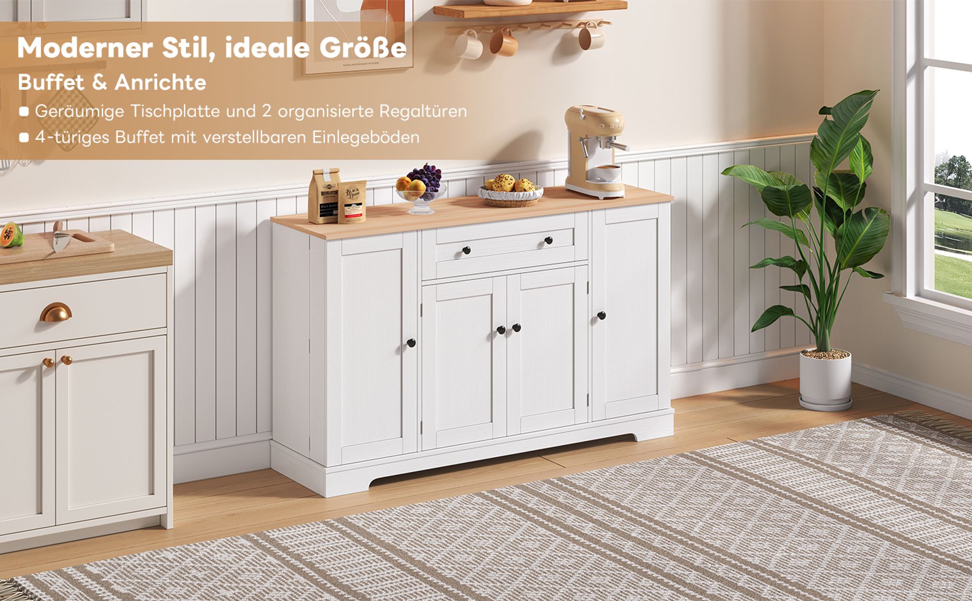 Flieks Sideboard Küchenschrank, Anrichte Küchenbuffet mit verstellbare Ablagen, Aufbewahrungsschrank für Küche, Wohnzimmer, Esszimmer, Weiß, Natural