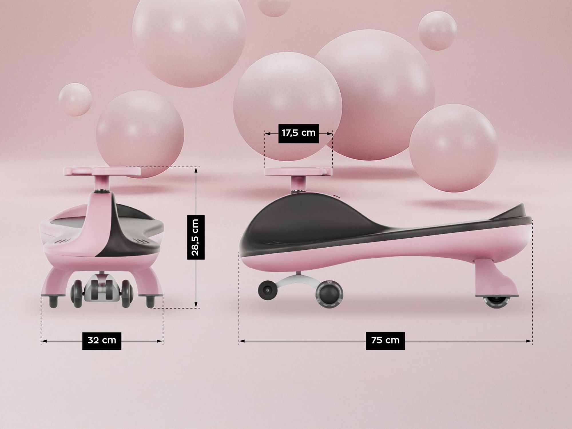 Rutschauto für Kinder Tulano Focus 35 Pink - Kinderfahrzeug ab 3 Jahren – Schwerkraftantrieb, LED-Räder, bis 100 kg - Auto Swing Car Rutscher