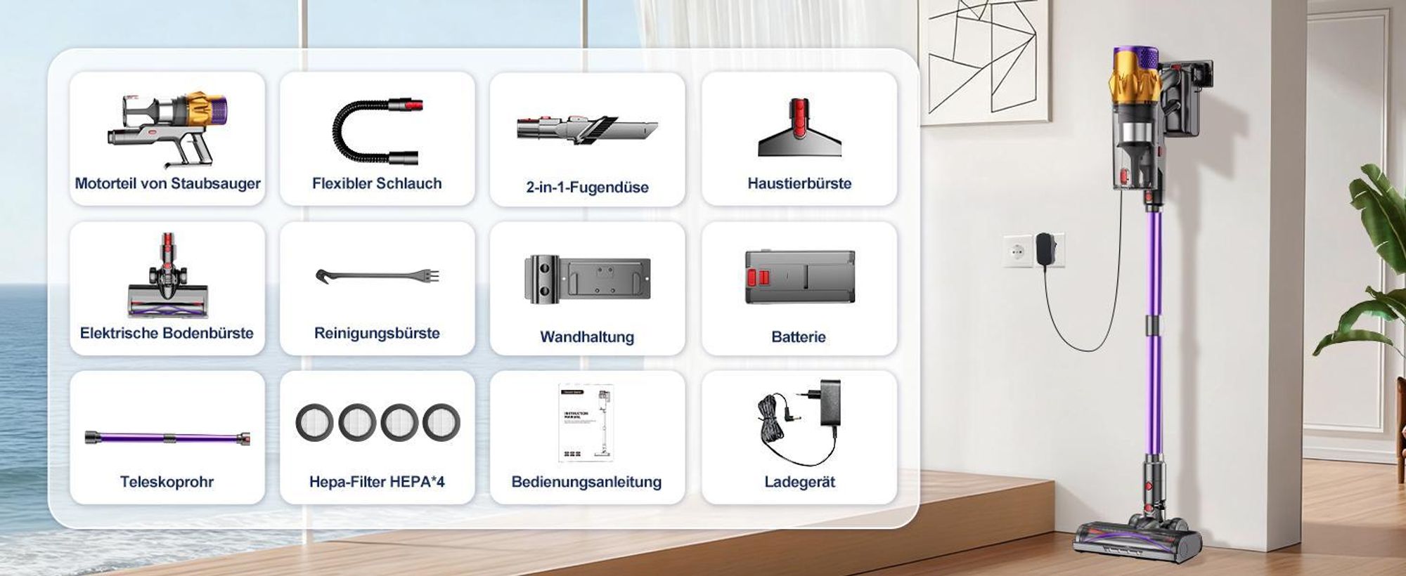 Portreen Akku Staubsauger, 85000Pa Staubsauger kabellos mit Haustierbürste, Schlauchbürste, Touchscreen, HEPAx4, 2L, 80Min, Anti-Tangle-Staubsauger