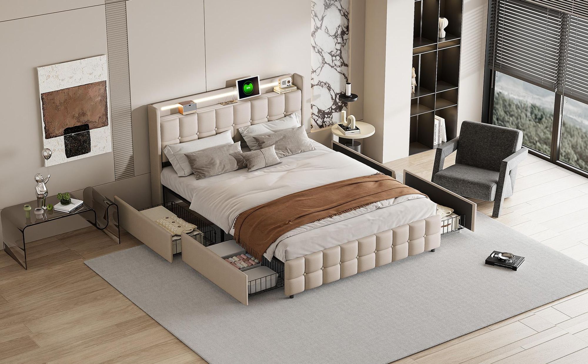 Polsterbett LED,mit Aufladen USB Ladefunktion Kopfteil und 4 Schubladen,Doppelbett 160x200cm Stauraumbetten Bettgestell,Lattenrost aus Holz,Beige