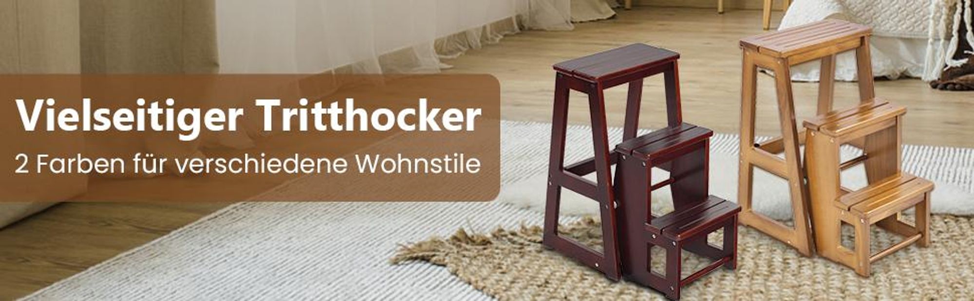 COSTWAY Tritthocker 3 Stufen, Leiterstuhl Trittstuhl klappbar 66cm hoch, Hockerleiter bis 150 kg, Trittleiter aus Massivholz, Natur