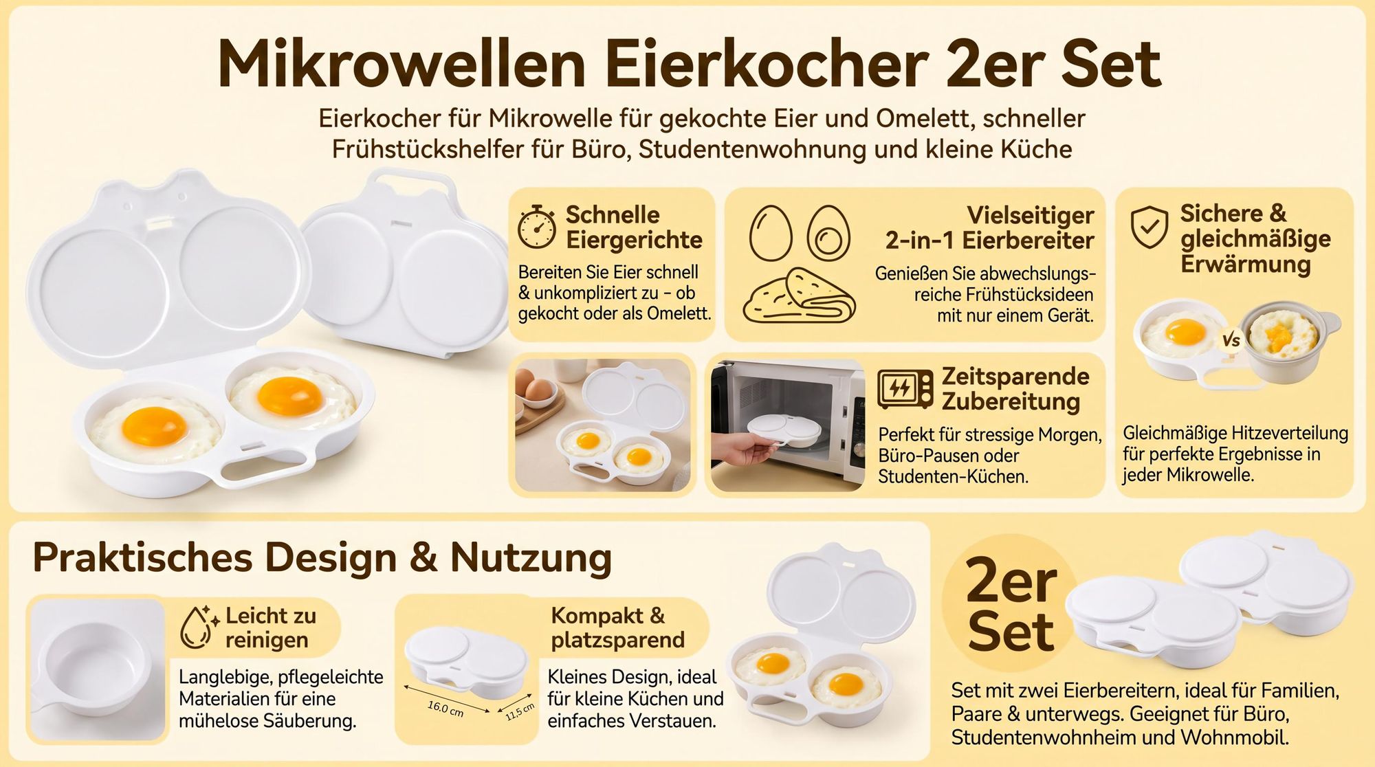 Mikrowellen Eierkocher 2er Set, Eierkocher für Mikrowelle für gekochte Eier und Omelett, schneller Frühstückshelfer für Büro, Studentenwohnung und kleine Küche-Schwarz