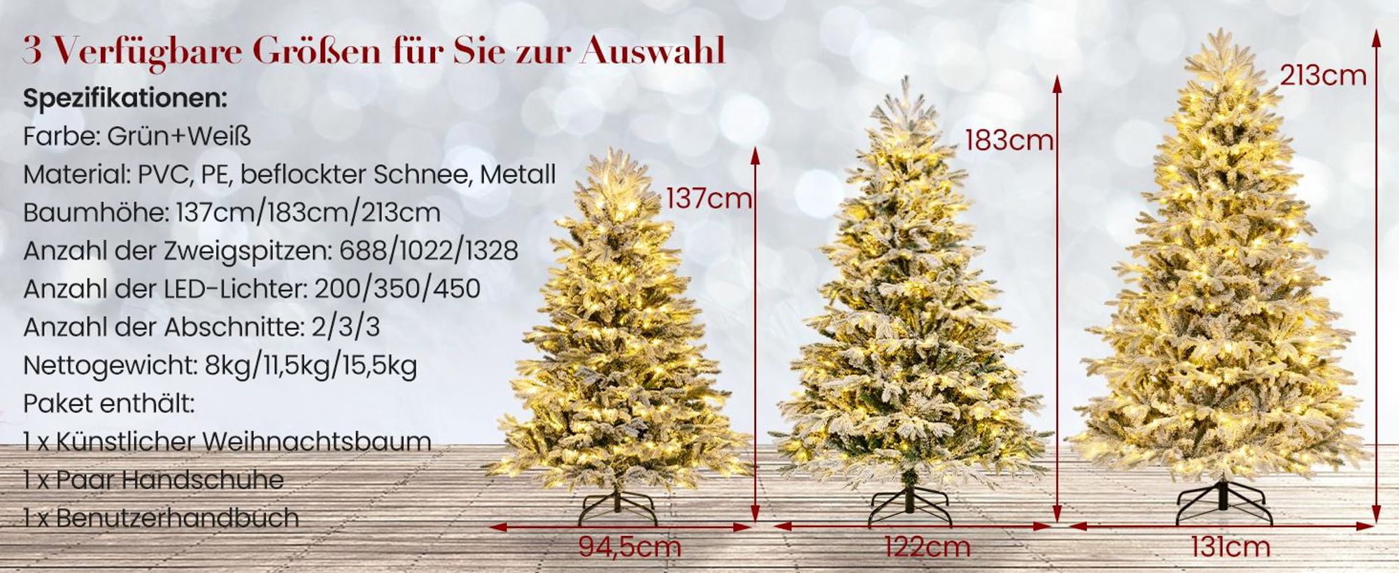 COSTWAY Künstlicher Weihnachtsbaum 180cm, Tannenbaum 1022 gemischte Zweigspitze mit Schnee, 350 Warmweiße LEDs, Christbaum Weihnachten, weiß grün