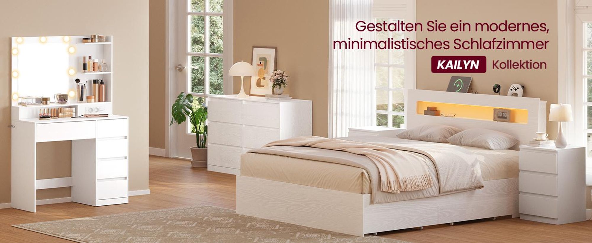VASAGLE Schminkkommode, mit Spiegel und Beleuchtung, Ladestation, 5 Schubladen, werkzeuglose Gleitschienen, weiß