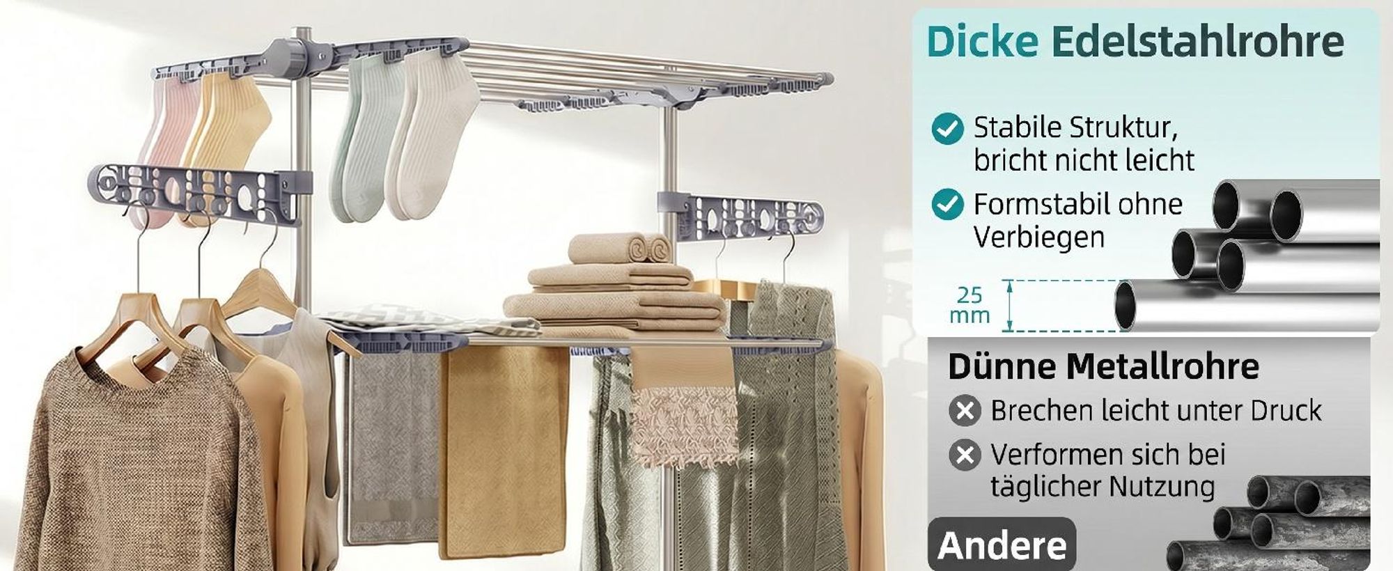 Mobiler Wäscheständer Wäschetrockner-Turm Seitenflügel auf 3/4 Ebenen Grau