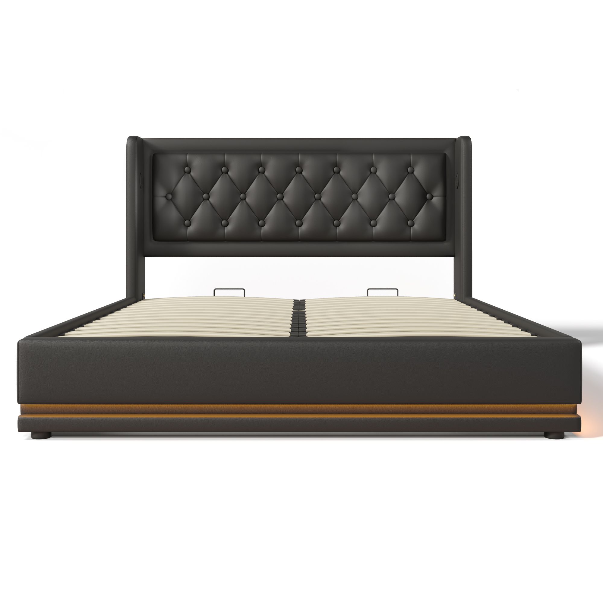 Flieks Polsterbett 180x200cm mit USB & Typ-C, Doppelbett Jugendbett mit LED, Hydraulisches Stauraumbett Boxspringbett mit Lattenrost, PU, Schwarz