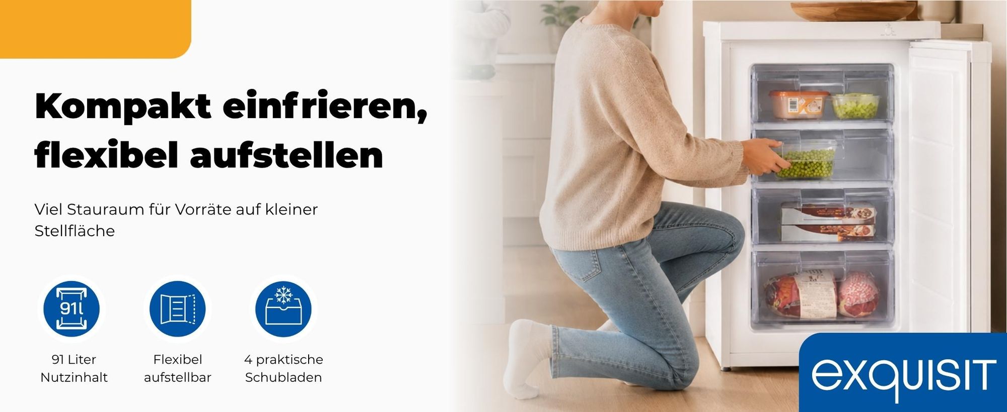 Exquisit Gefrierschrank GS512-040E weiss | 91 l Nutzinhalt | Energieklasse E | 40 dB(A) | 4-Sterne-Gefrierfach | kompakte Bauform