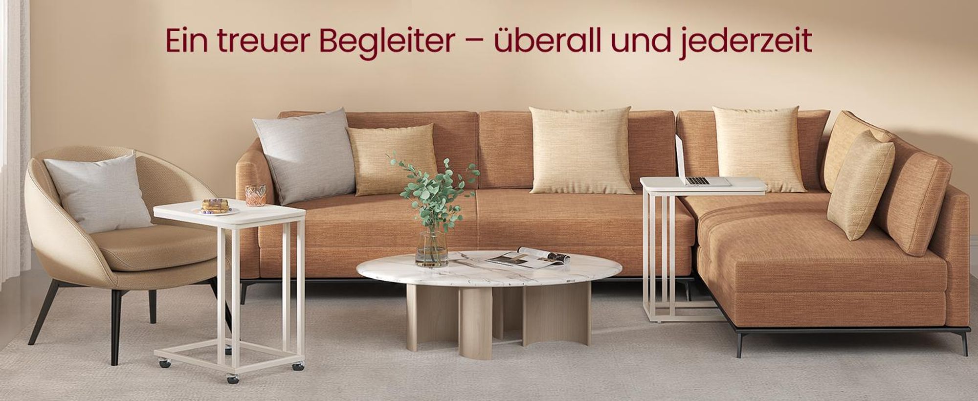 VASAGLE Beistelltisch, mit Rollen, C-Form, mobiler Kaffeetisch, cremeweiß