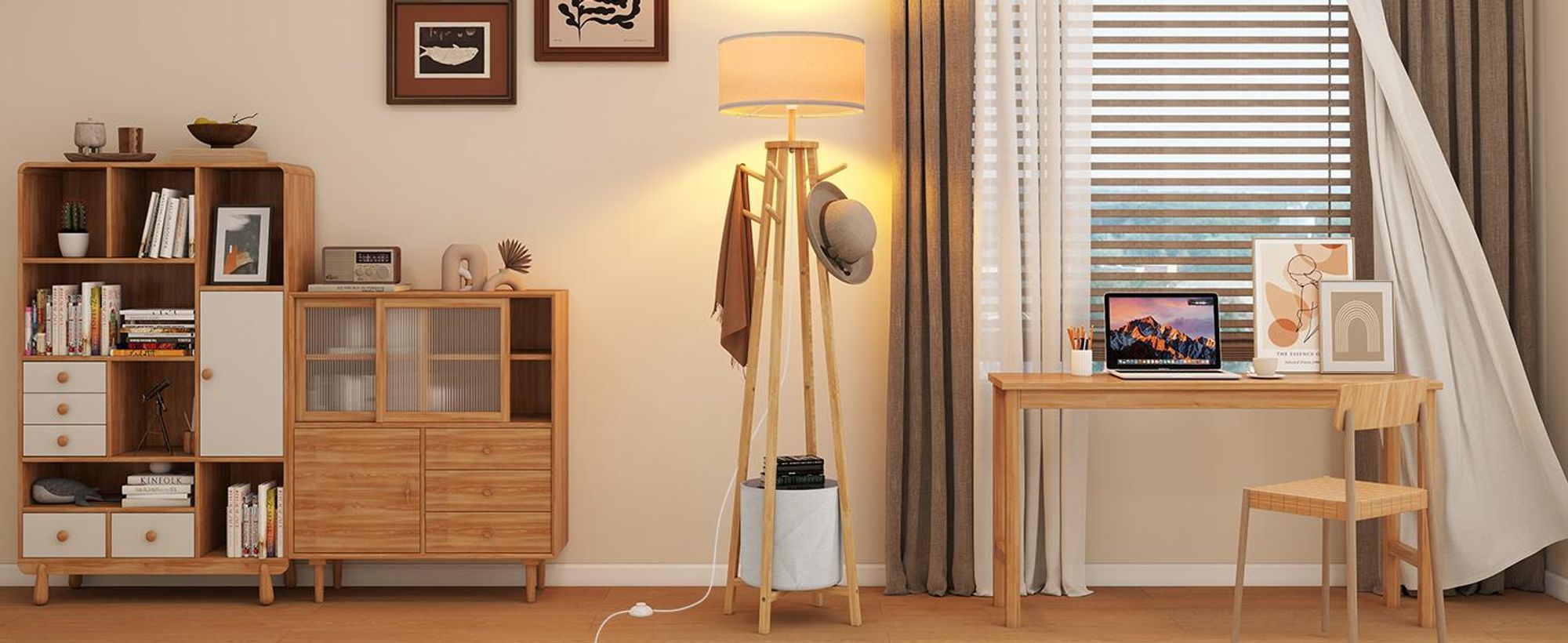 Puluomis Stehlampe mit Garderoben-Ständer 176cm, 8 Haken & Stauraum, Leinen Lampenschirm E27 Fassung, Fußschalter, Für Wohnzimmer beige