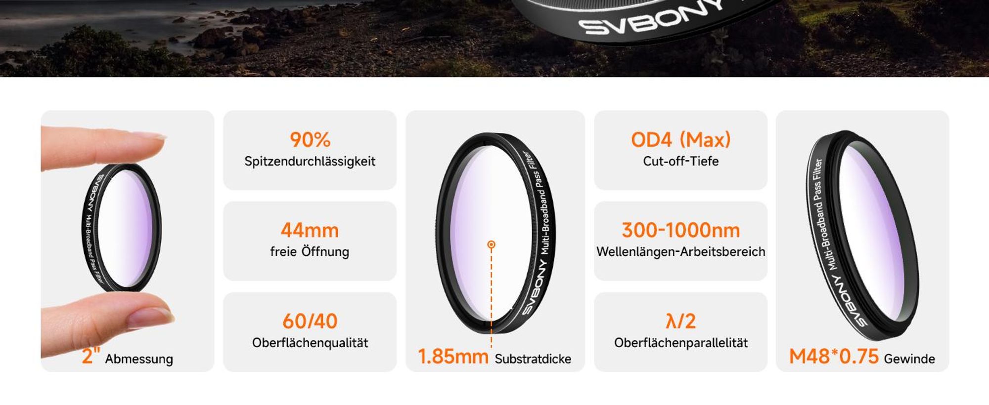 Svbony SV260 Teleskopfilter, 2'', Grenzwerttiefe OD4, M48*0.75, Hohe Lichtdurchlässigkeit, Teleskopzubehör für Galaxien Emissionsnebel Astrofotografie