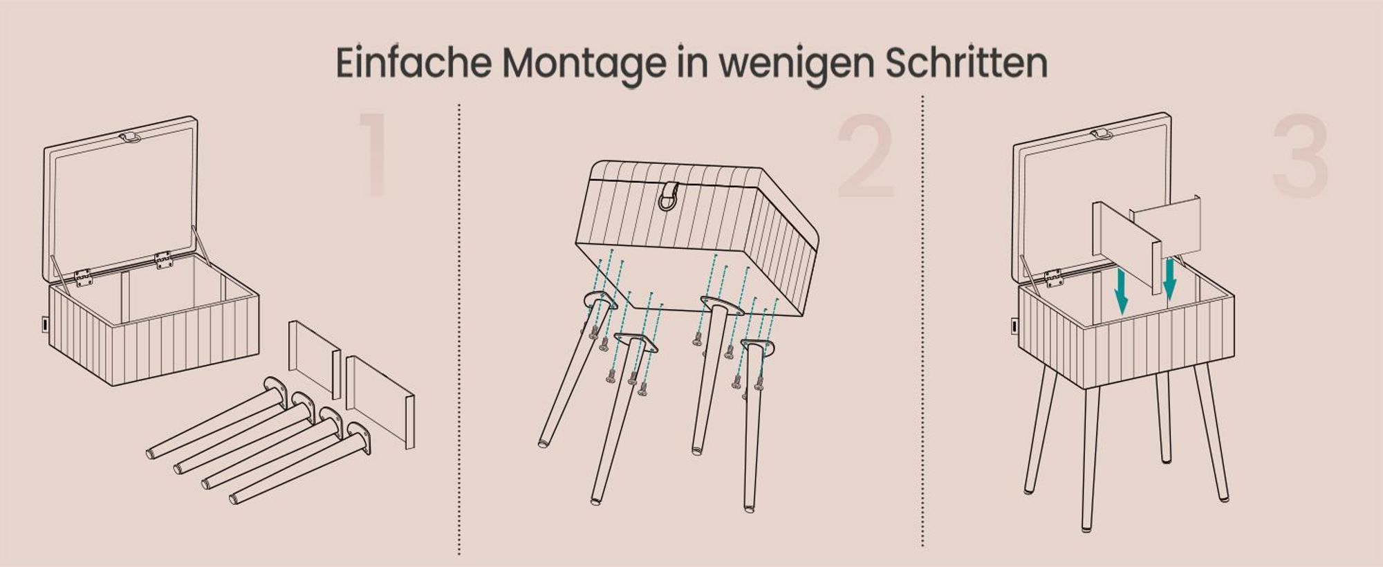 SONGMICS Schminktisch-Stuhl, Hocker mit Stauraum, Schminkhocker, Fußhocker, Metallbeine, gepolstert, verstellbare Füße